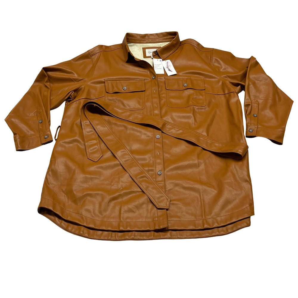 Jessica Simpson Paula Womens Shacket 3X Adobe Faux Leather Belted Button Front